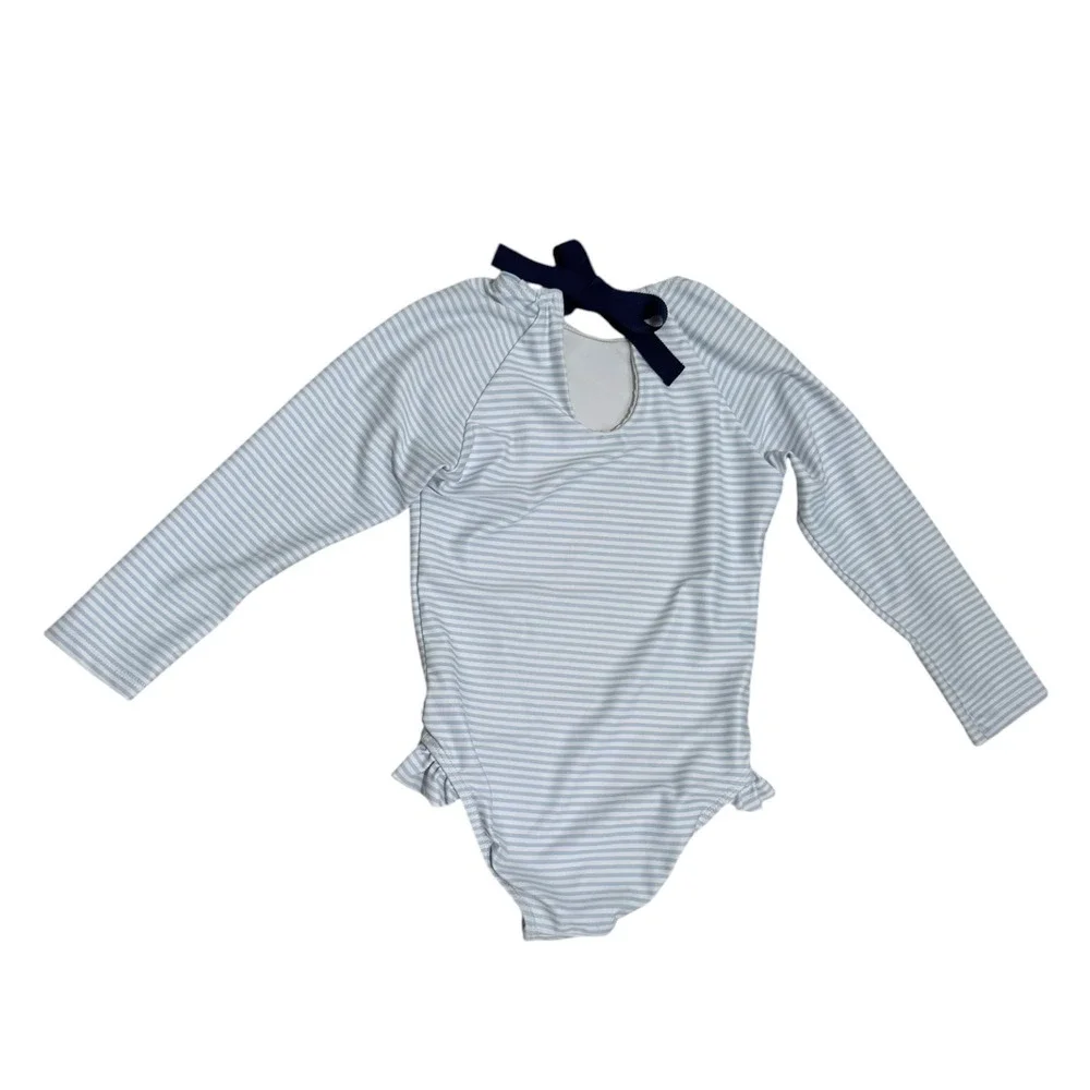 Minnow Swim Girls 5/6 One Piece Swimsuit Long Sleeve Rashguard Blue Striped